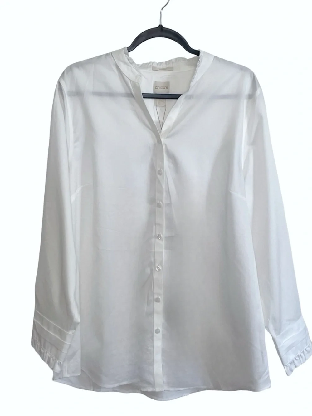 Chico's White V-Neck Button Front Blouse with Subtle Ruffle - Picture 2 of 4